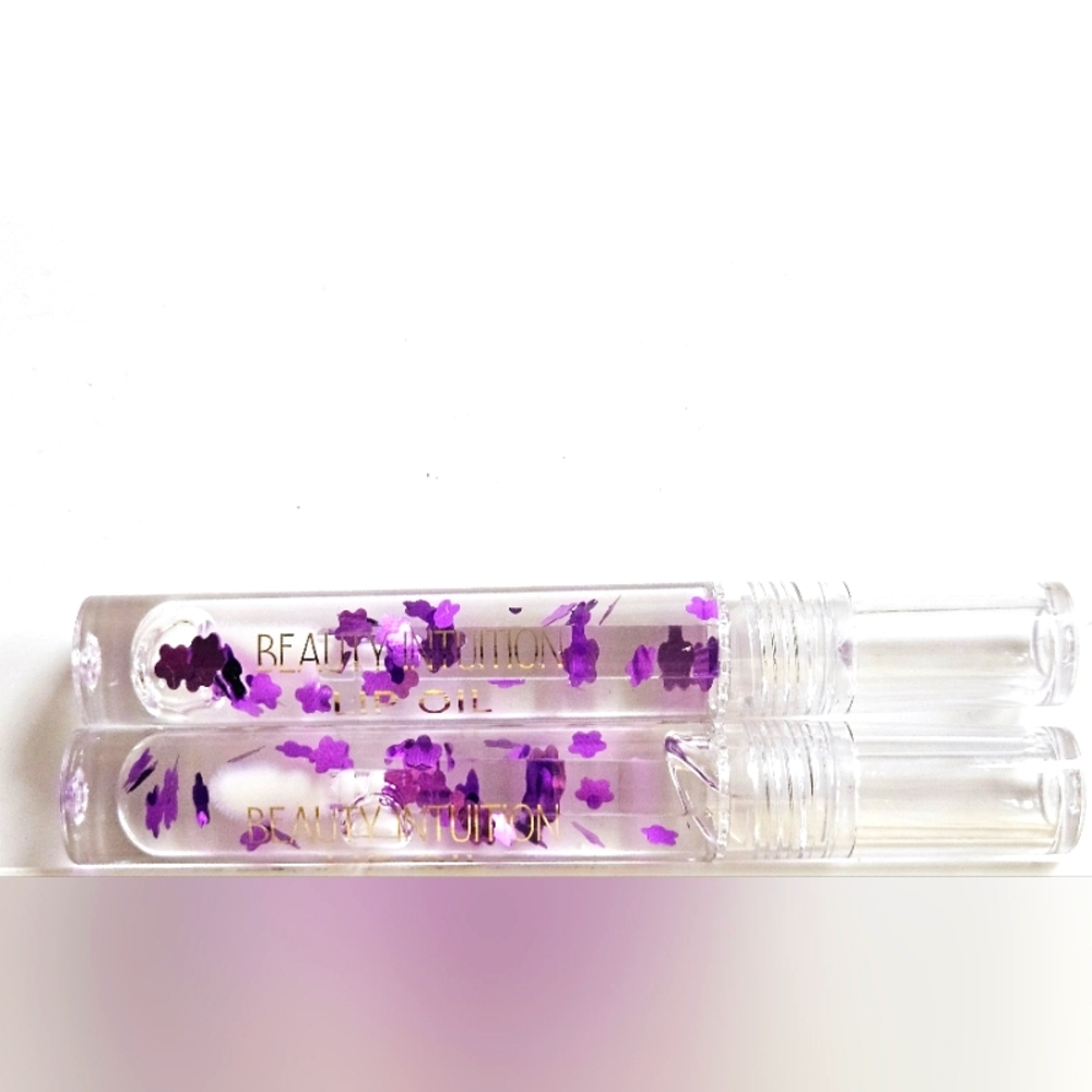 NWT 》2×《 BEAUTY INTUITION CLEAR PURPLE FLOWERS SEQUINS LIP OIL WITH LIP WAND!